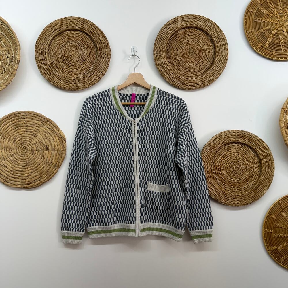 $138 Zaket & Plover Checkerboard Zip Up Cardigan Sweater Medium